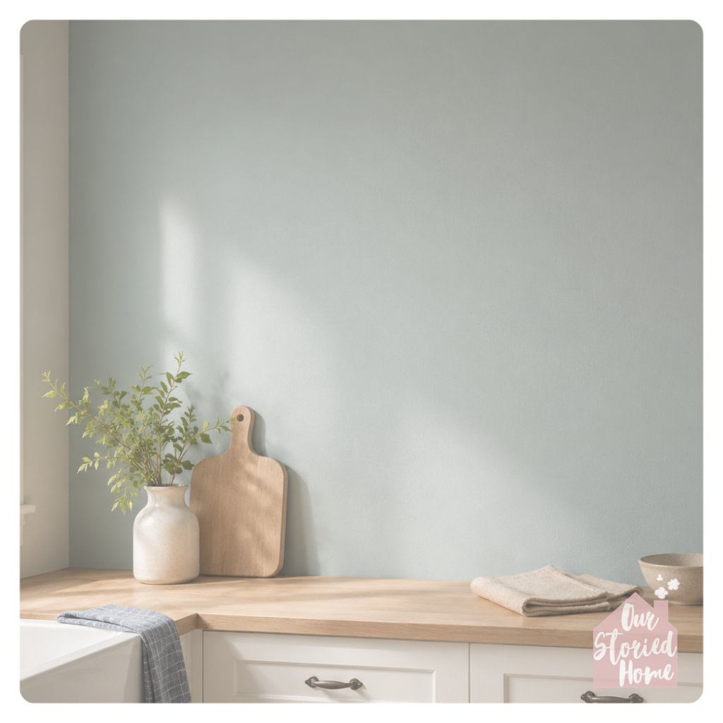 Freshly painted sea-glass blue kitchen wall with white cabinets and natural wood accents