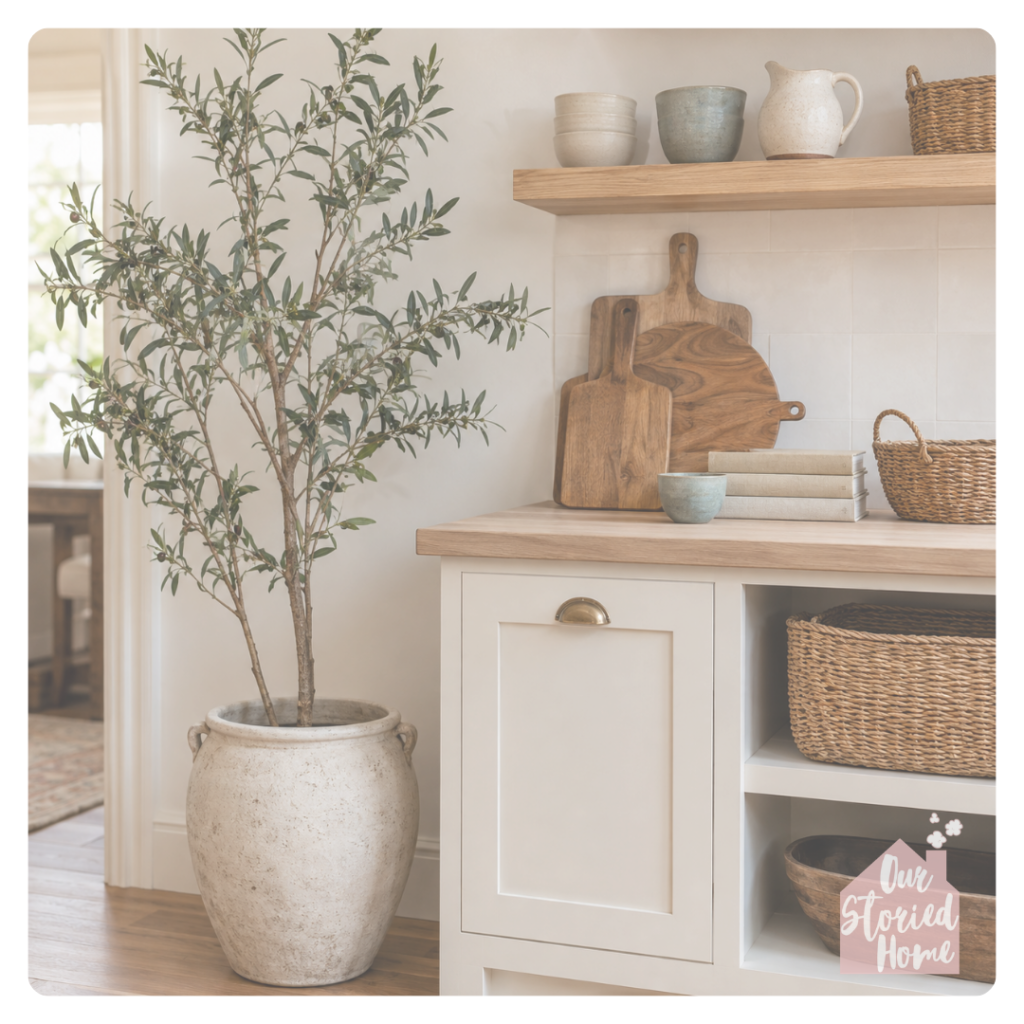 Kitchen decorated with a faux olive tree, pottery, cutting boards, cookbooks and woven baskets