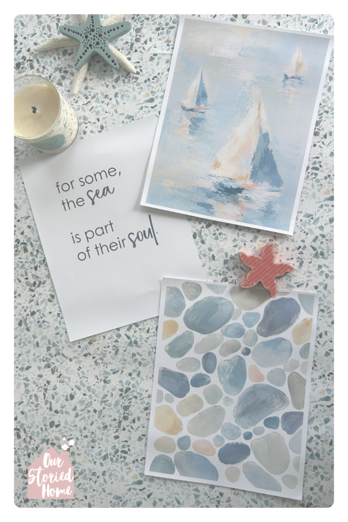 Three free coastal printable wall art designs from Our Storied Home