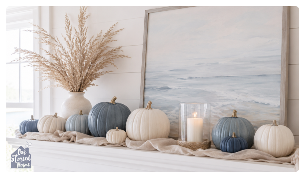 blue-pumpkin-decor-on-mantel